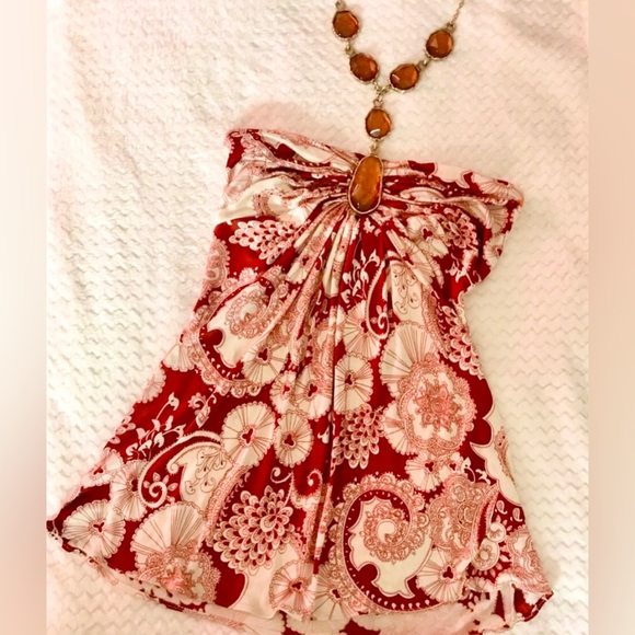 1 Sky Brand Red and White Paisley Print Bling Chain Halter Top Size Small ❤️✨ - Picture 5 of 8